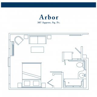 Floor plan of the Arbor studio apartment with an approximate area of 367 square feet.
