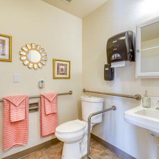 A well-decorated bathroom featuring a toilet, sink, and pink towels with wall art.