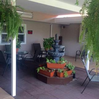 A cozy patio with lush greenery and a central fountain surrounded by outdoor seating.