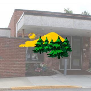 A creative design featuring a mountain landscape with trees, blended into the facade of a building.