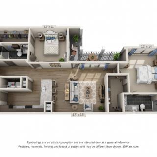 3D floor plan of a modern apartment with detailed room layout and furniture arrangement.