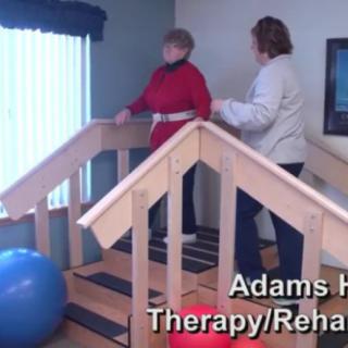 A therapy session underway involving exercises on stairs with professional guidance.