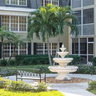 A serene courtyard with a central fountain surrounded by lush greenery and palm trees.