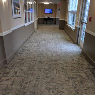 A well-lit indoor hallway with patterned carpet and access to other rooms.