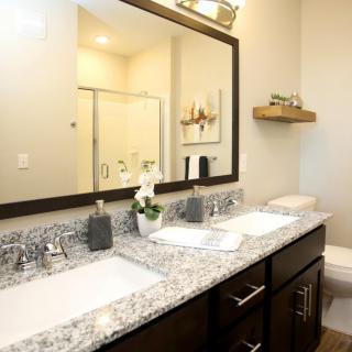 A modern bathroom with a double sink, granite countertops, and a large mirror.