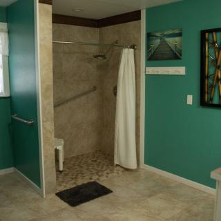 A spacious bathroom with teal walls featuring a walk-in shower and a decorative photograph.