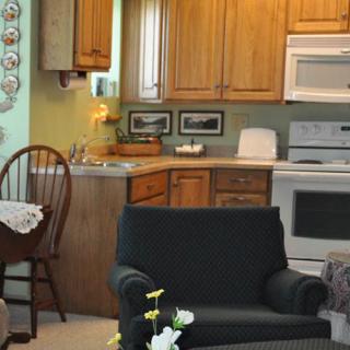 Cozy kitchen with wooden cabinets and a comfortable living area.