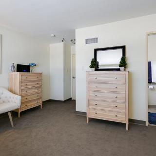 A modern minimalist bedroom featuring two wooden dressers and a mirror.