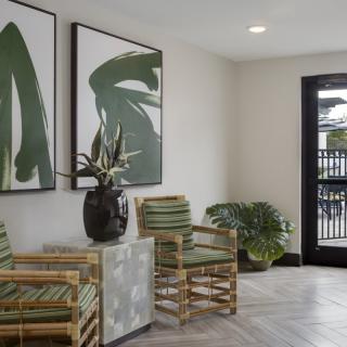 A modern lobby area featuring minimalist decor, including green striped chairs, large botanical artwork, and lush plants.