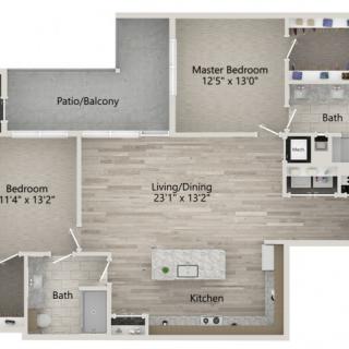 A spacious two-bedroom apartment floor plan showing the arrangement of rooms including a living/dining area, kitchen, master bedroom with attached bath, additional bedroom and bathroom, and a patio/balcony.
