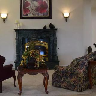 A cozy living room with a decorative fireplace and elegant furniture.