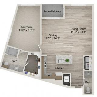 A one-bedroom apartment floor plan featuring dimensions for each room, including a living room, dining area, kitchen, bedroom, bathroom, and patio/balcony.