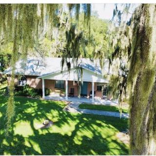 A charming house surrounded by lush greenery and hanging moss.