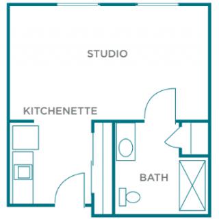 Studio apartment floor plan with kitchenette and bathroom.