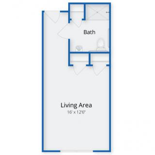 A floor plan layout featuring a living area and bathroom.