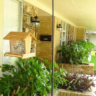 A cozy porch with a bird feeder and lush plants against a brick wall.