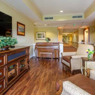 A cozy living room with a piano, chairs, and a television on wood flooring.