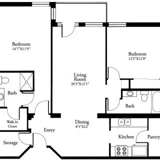 A detailed floor plan of a two-bedroom apartment with designated living, dining, and kitchen areas.