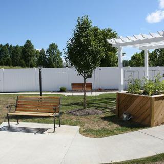 A serene garden area with a wooden bench, tree, and pergola under a clear blue sky.