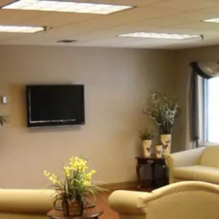 A cozy waiting room with comfortable seating, a television, and decorative plants.
