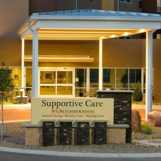 Entrance to a healthcare facility with supportive care services.