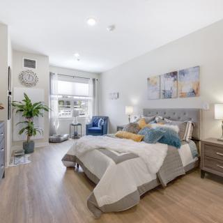 A modern and cozy bedroom featuring stylish decor and comfortable furnishings.