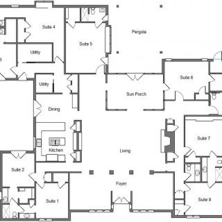 A detailed architectural floor plan showing the layout of multiple rooms in a building.