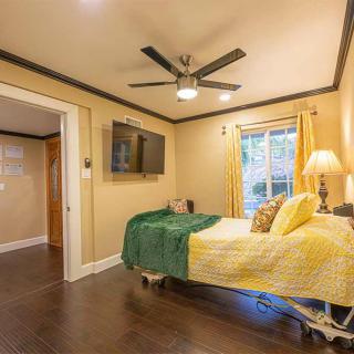A modern bedroom featuring a ceiling fan, flat-screen television, wood flooring, and a window allowing natural light.