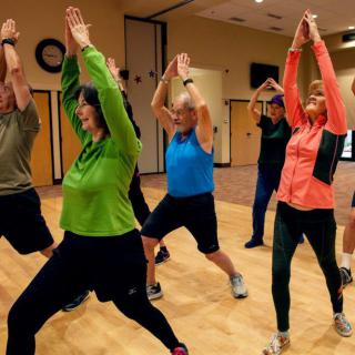 A group of adults in a fitness class practicing yoga poses indoors.