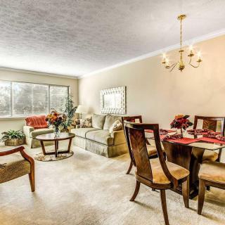 Spacious living and dining area with elegant furniture and bright natural lighting.