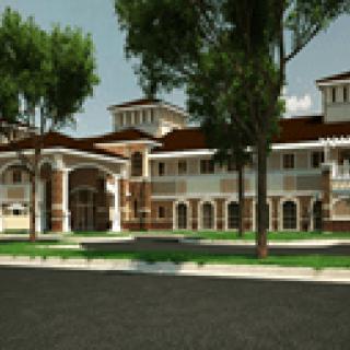 A luxurious mansion surrounded by trees on a sunny day.