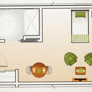 A floor plan depicting a bedroom with a bed, chairs, and other furniture.