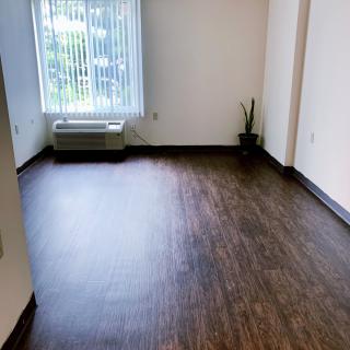 An empty room with wood flooring, a window allowing natural light, and a small potted plant in the corner.