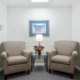 A cozy waiting room with two upholstered chairs, a lamp, and a bouquet of flowers on a table between them.