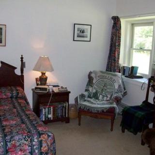 A cozy bedroom with vintage furniture and decorative elements.