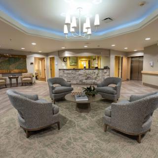 A modern lobby with comfortable seating and stylish lighting.