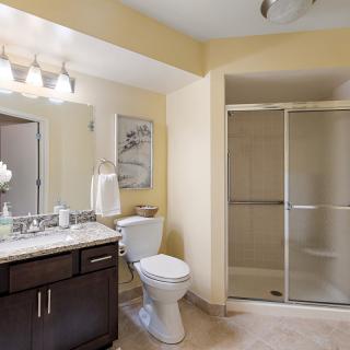 A modern bathroom featuring a shower with sliding doors, a toilet, and a vanity with a mirror.