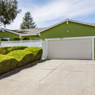 A suburban house with a green exterior and a neatly manicured driveway.