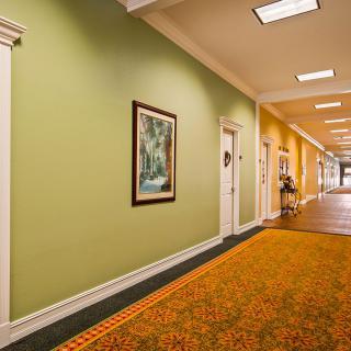 A well-lit hallway featuring green and yellow walls, decorated with framed artwork and patterned carpet.