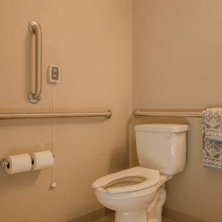 An accessible bathroom with a toilet and grab bars.