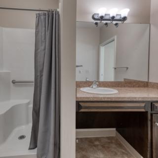 A bathroom with a shower, sink, and large mirror.