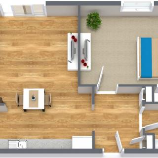 A 3D-rendered floor plan showcasing a modern apartment layout with distinct living, dining, and bedroom areas.