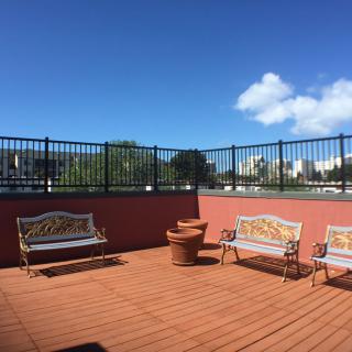 A sunny rooftop deck with benches and potted plants, enclosed by a fence.
