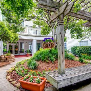 A beautifully landscaped garden with a bench and pergola, surrounded by lush greenery in front of a building.