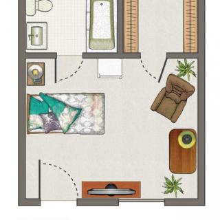 A simple floor plan layout of a small apartment.