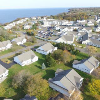 A serene aerial view of a coastal neighborhood showcasing a cluster of houses surrounded by lush greenery and the ocean in the distance.