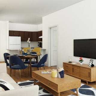 A stylish living room featuring an open concept design, with modern furnishings and a cozy dining area.