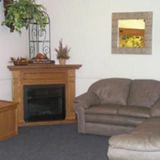 A cozy living room featuring a fireplace, couch, mirror, and decorative plants.