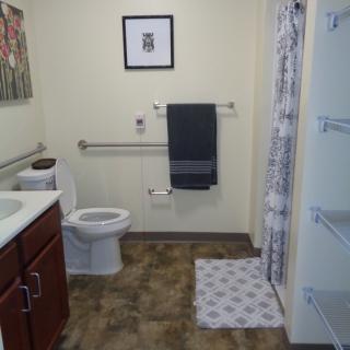 A modern bathroom with accessibility features, including handrails and a walk-in shower.