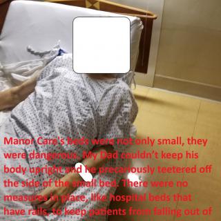 A hospital patient in a gown sitting on a bed, with a story overlayed in red text.